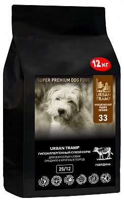 URBAN TRAMP – Полнорационный гипоаллергенный сухой корм «SUPER PREMIUM» класса для взрослых собак средних и крупных пород с говядиной, 25/12