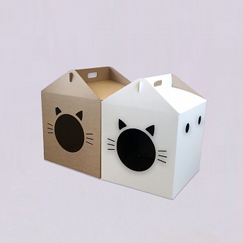 Картонный домик для кота с мышками белый